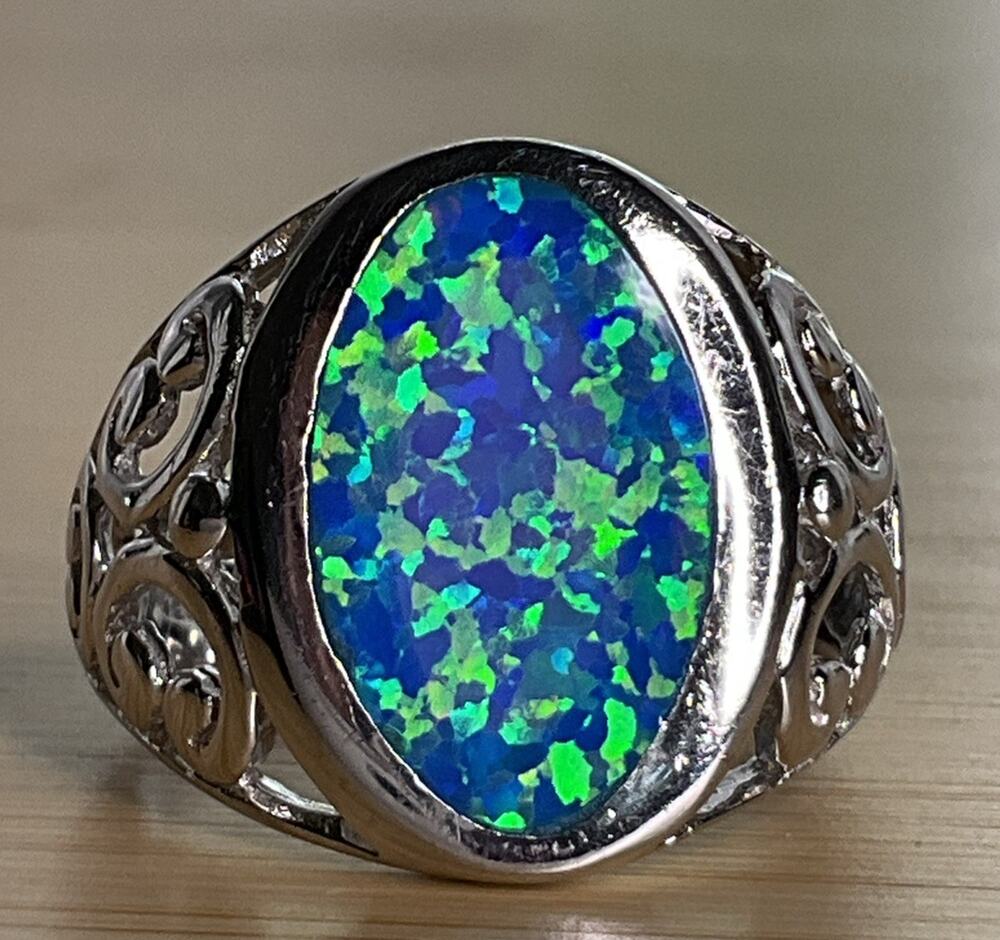 Vintage Sterling Silver Blue Green Oval Opal Filigree Ring Size 9